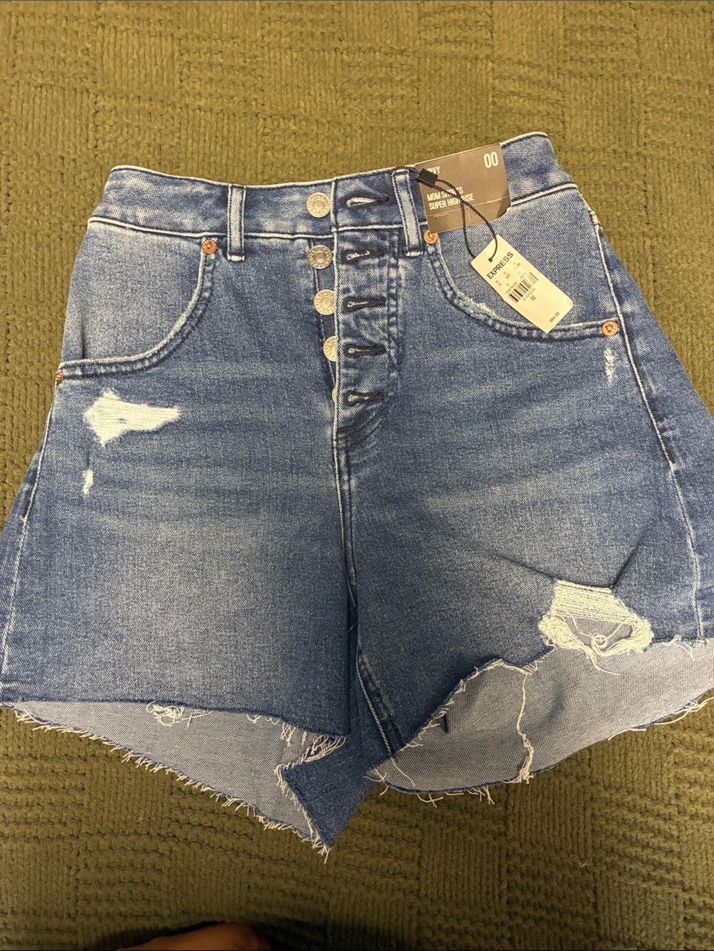 Express Distressed High-Rise Button-Fly Jean Shorts in Blue